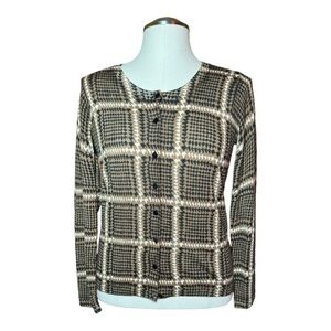 Talbots Academia Brown Houndstooth Merino Wool Spring Cardigan Sweater